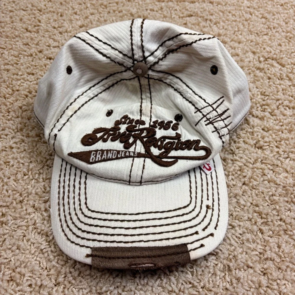 True‎ Religion Buddha Y2K Cream Hip Hop Contrast Stitch A-Flex Distressed Hat OS